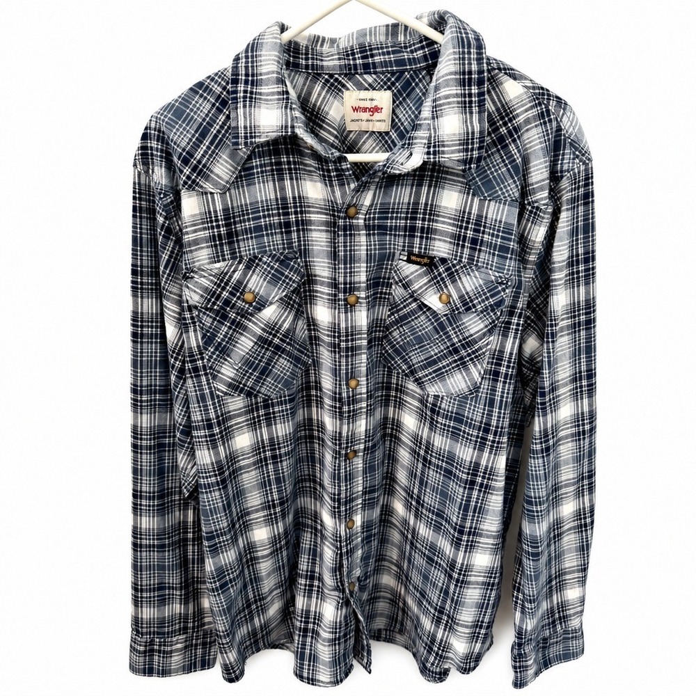 Wrangler Men's Western Shirt Blue White Large Cotton Blend Plaid Pearl Snap